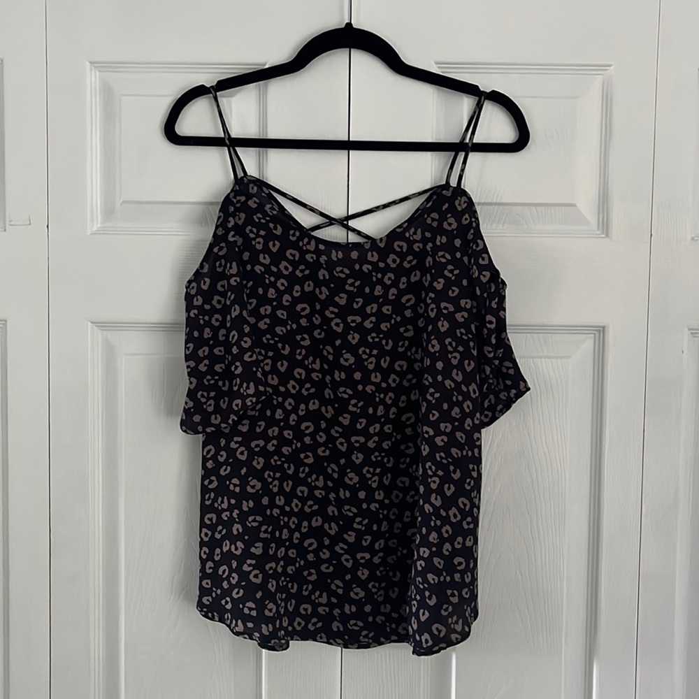 Navy and Pink cold shoulder top. Brand is Kaleigh, purchased from Stitch Fix.